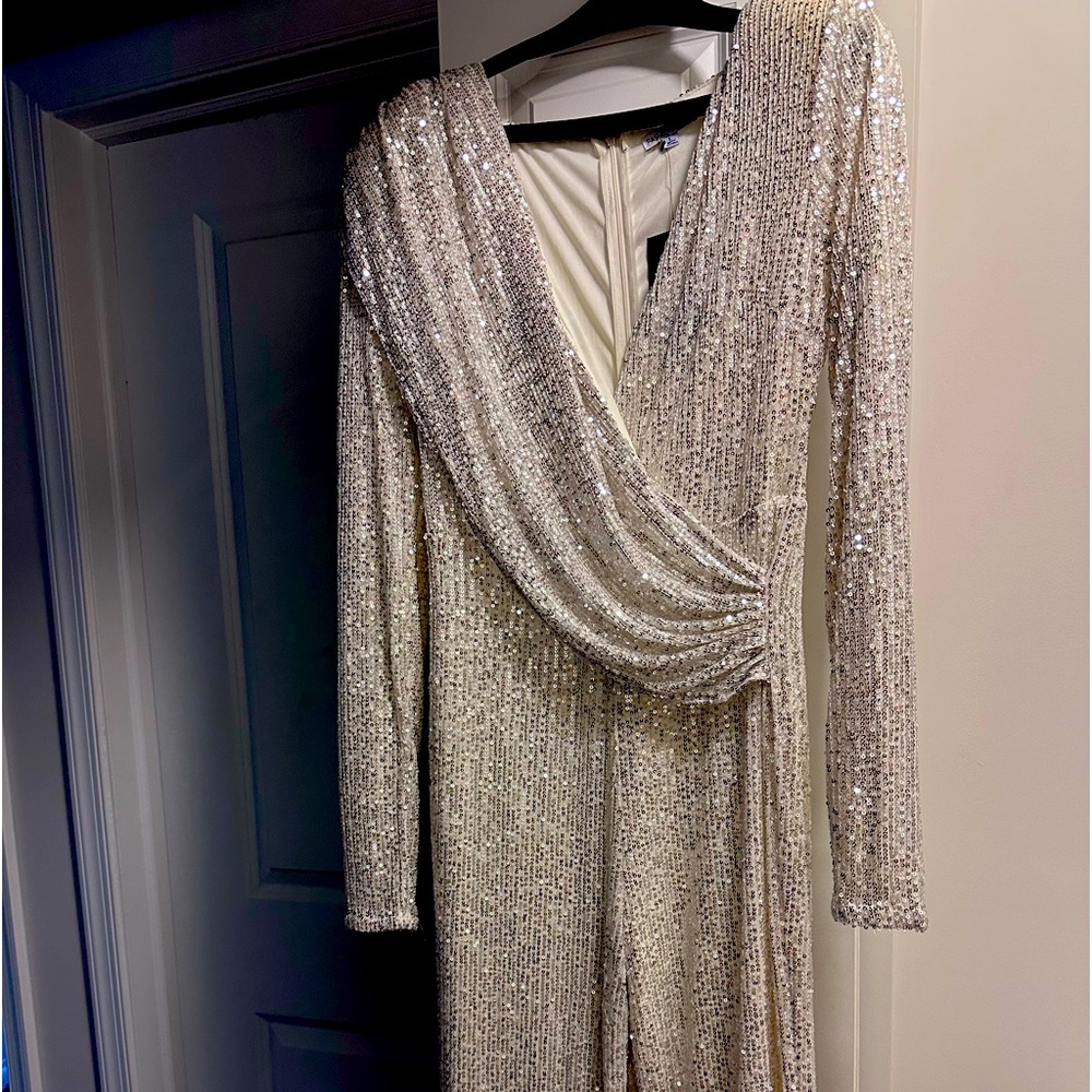 Silver Sequin jumpsuit new padded shoulders